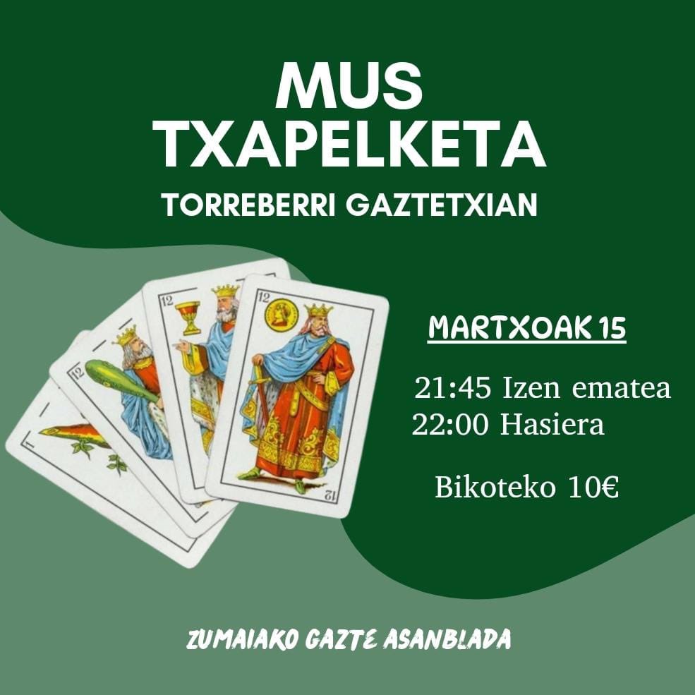 ZumaikoGA's tweet photo. Ostiral honetako plana⬇️
MUS TXAPELKETA

📍Torreberri Gaztetxian
🕒 21:45 izen ematea, 22:00 hasiera
🎟️ 10€ https://t.co/F6piq94Oxx