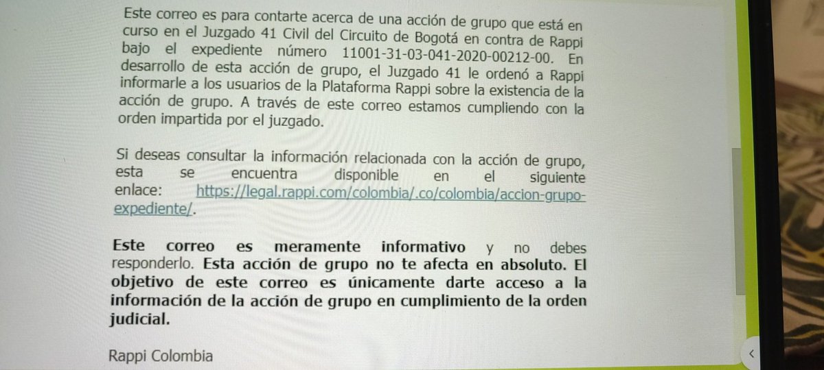 jvelezvidal's tweet photo. @RappiColombia dice cumplir con informar la acción de grupo  en su contra en el Juzgado 41 de Bogotá, y envía un link que NO lleva a nada. Es una imagen. ¿eso es informar? No creo. https://t.co/ECg3g7vmzv