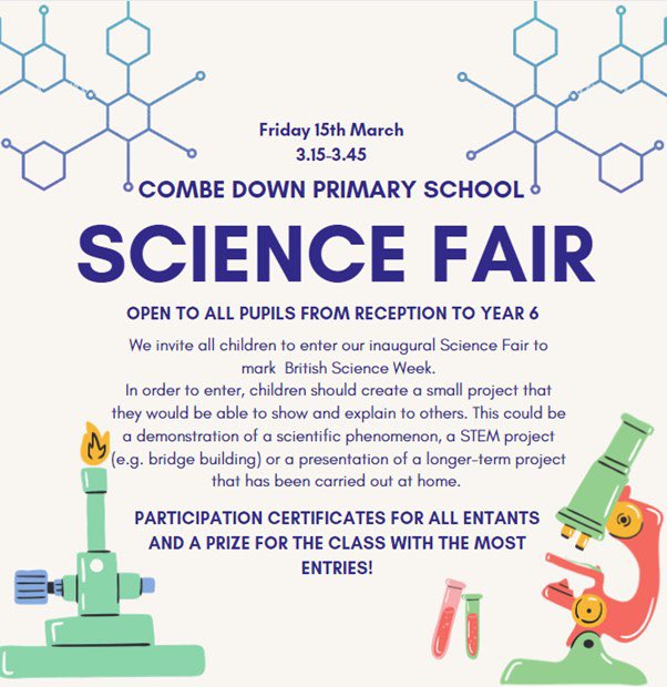 Tomorrow after school is the first ever <a href="/combe_down/">Combe Down Primary School</a> Science Fair! 🧫🔬🧪🤖
Pupils wishing to enter are to bring in their projects on Friday morning and everyone is invited to walk round the fair from 3.15pm. We can’t wait!