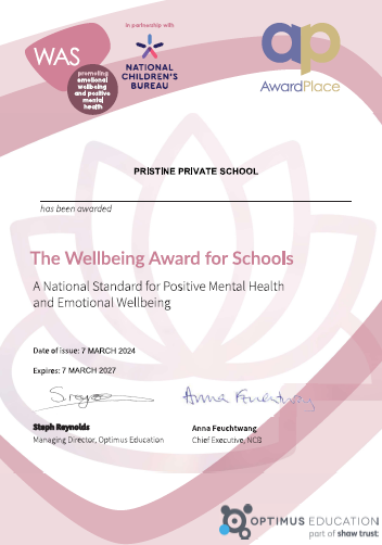 PristineSchool's tweet photo. Thrilled to announce that Pristine Private School has won the prestigious Wellbeing Award! 🏆 Recognising our commitment to supportive environment where students thrive emotionally, and academically.Thanks to our dedicated staff and resilient students!#OptimusEducation @NCBtweets https://t.co/HuDahyNzSD