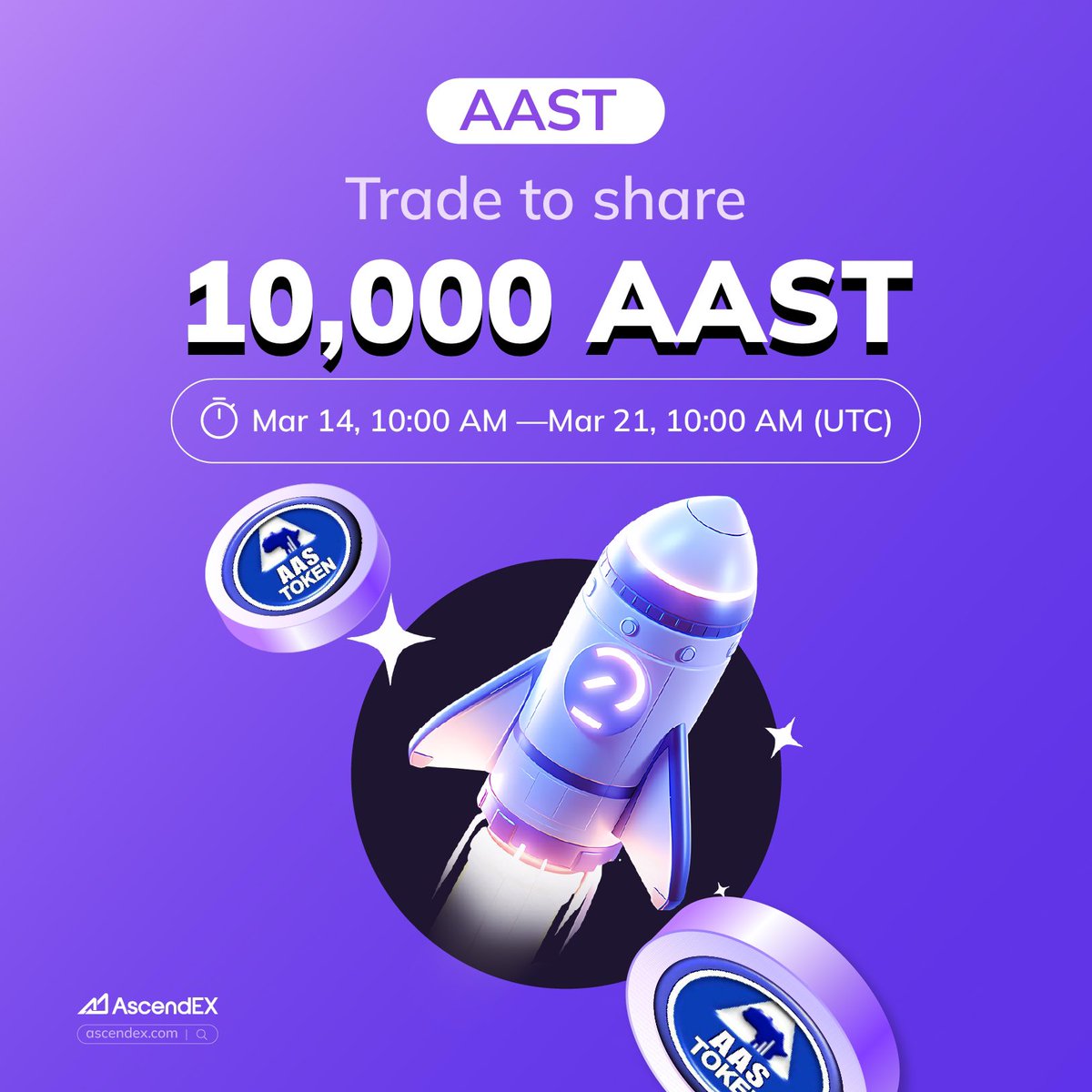 💰Trade $AAST to Win Pooled Rewards up to 10,000 AAST🚀

🎉In celebration of the @AfriqArbitrage ( $AAST) listing, AscendEX and the AAST team will jointly launch a Trading Contest, Join to grab a share of 10,000 AAST! 

🧐More details👉 ascendex.com/en/support/art…

#crypto #AAST