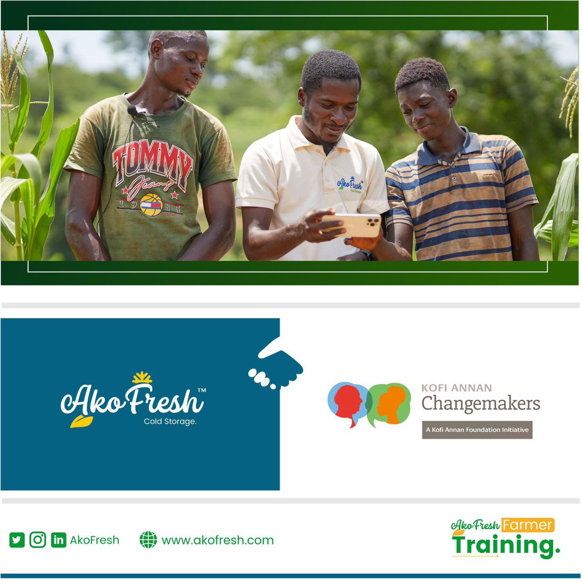 akofresh_co's tweet photo. We are excited to partner with the @KofiAnnanFdn Changemakers Program!
Our new digital farmer training tool, funded by their seed grant, will empower local farmers for sustainable farming.
Let's grow together!
#Akofresh #FarmerEmpowerment #KofiAnnanChangemakers https://t.co/fSRHb7QjFp