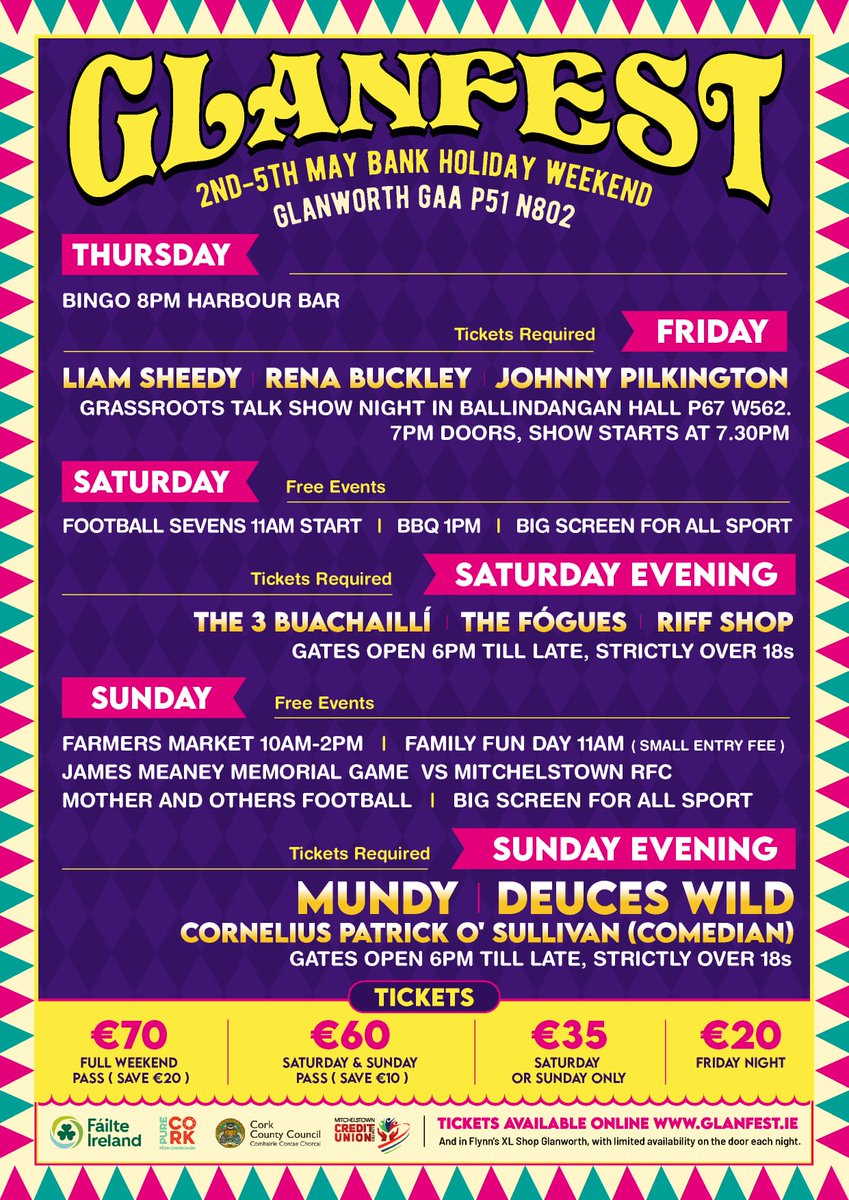 Where to even begin 🤯

Ticksts available locally or at glanfest.ie #glanfest <a href="/mundyirl/">Mundy</a> <a href="/LiamLsheedy/">Liam Sheedy</a> <a href="/RenaBucks/">Rena Buckley</a> <a href="/riff_shop/">Riff Shop</a> <a href="/TheAvondhu/">The Avondhu</a> <a href="/irishexaminer/">Irish Examiner</a> <a href="/corkbeo/">Cork Beo</a> <a href="/echolivecork/">EchoLive.ie</a> <a href="/yaycork/">Yay Cork</a>
