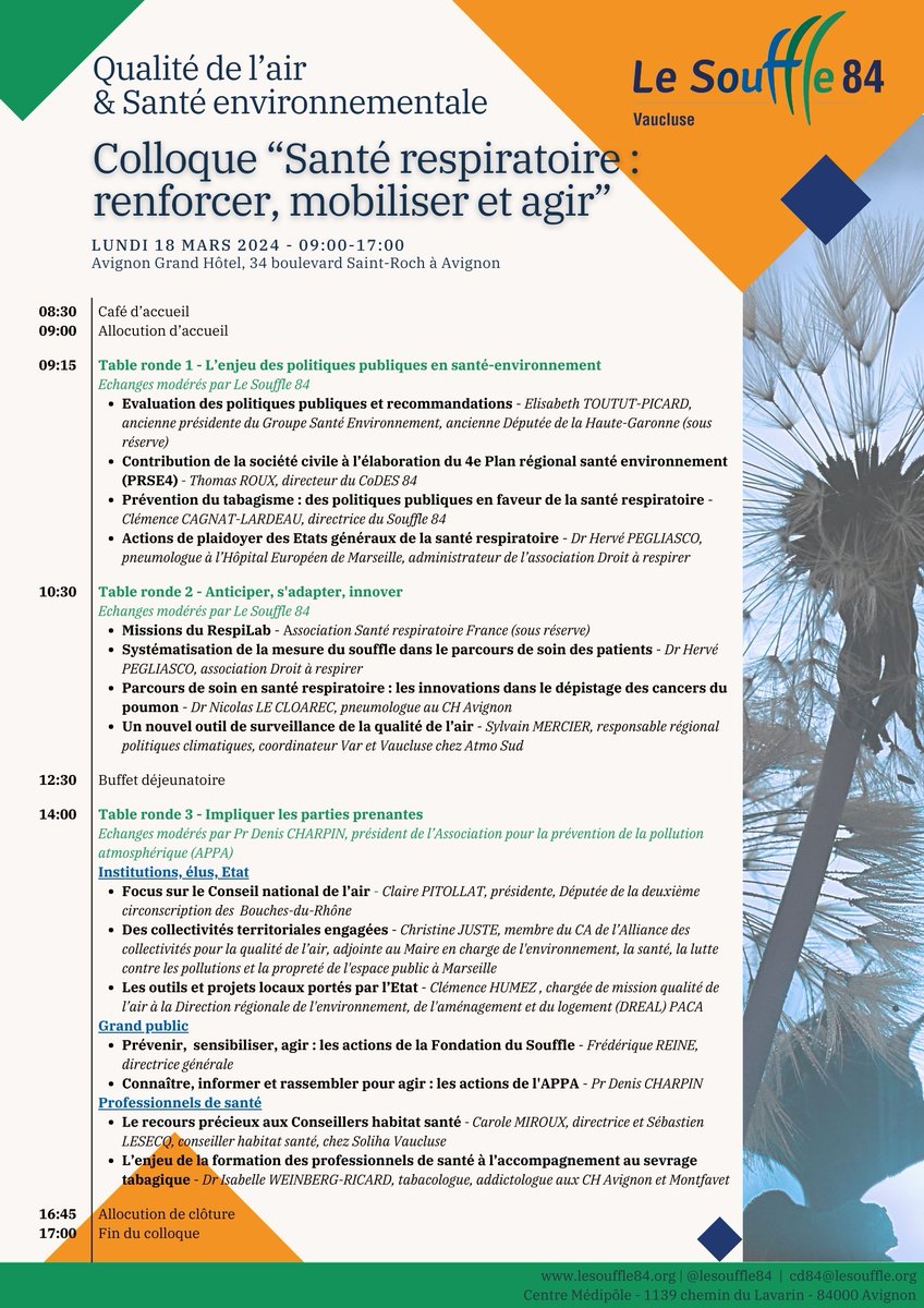[#QualitéAir #SantéEnvironnementale]
🙏🧡 Merci à la DREAL PACA, impliquée dans l'amélioration de la qualité de l'air, d'intervenir lors de notre colloque "Santé respiratoire : renforcer, mobiliser et agir" lundi prochain à Avignon
👉 paca.developpement-durable.gouv.fr/colloque-sante…

👇 Programme complet