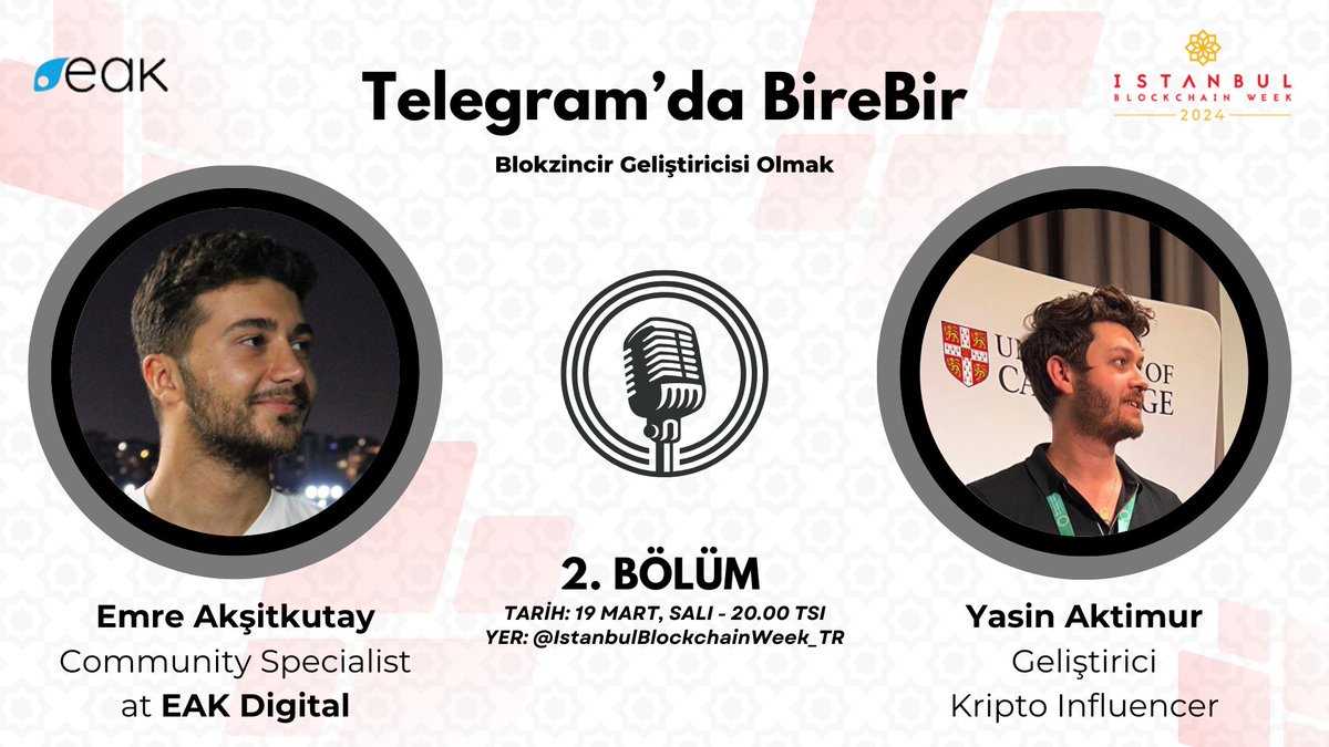 📣 19 Mart, Salı günü saat 20.00’da @EmreAksitkutay'ın moderatör olduğu Telegram'da BireBir'in yeni bölümünde blokzincir geliştiricisi olmayı konuşacağız. Kripto dünyasının bilinen geliştiricilerinden biri olan @yasinaktimur konuğumuz olacak. Bölümü kaçırmamak için Telegram…