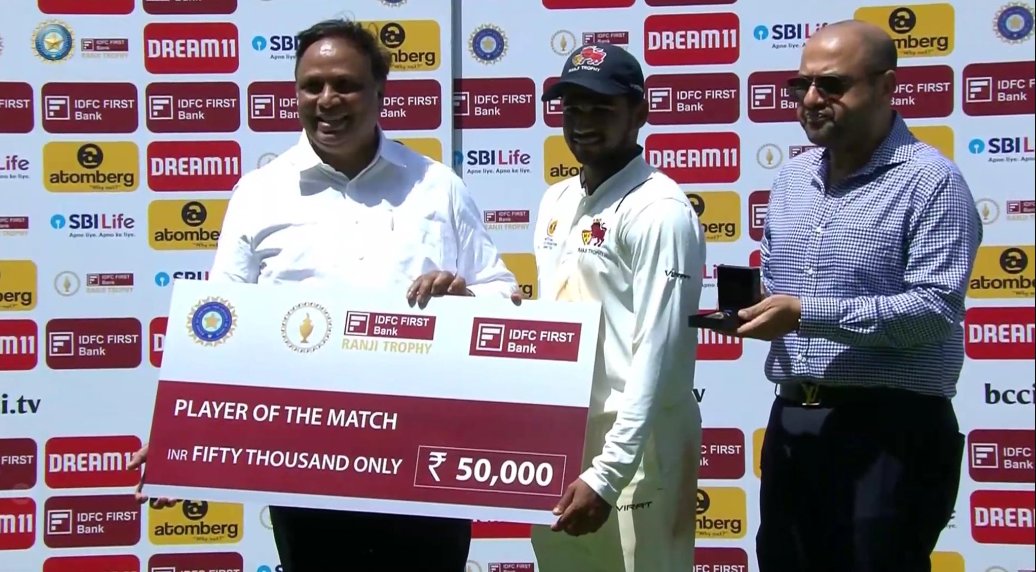 Musheer Khan at the age 19 -- becomes the youngest to win Player of the Match in Ranji Trophy Final.

Shreyas Iyer and KL Rahul won it at the age 21.
#RanjiTrophy