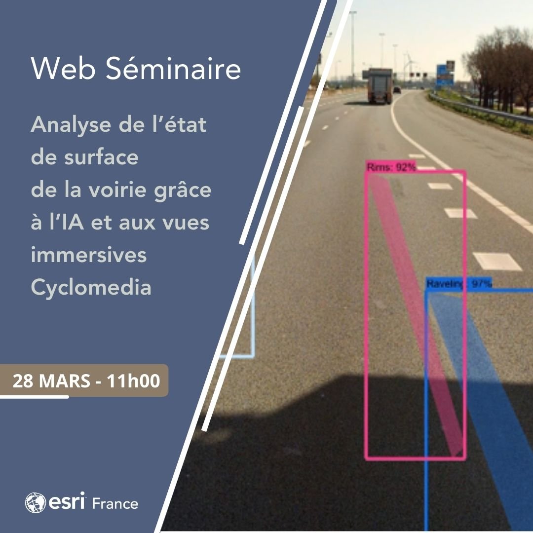 💻 [Web Séminaire] Détection de l'état de la voirie et des routes grâce à la détection automatique (IA) sur les vues immersives de Cyclomedia.
📅  Jeudi 28 mars 2024 à 11:00
👉eu1.hubs.ly/H085qxw0
#vuesimmersives #cyclomedia #LIDAR #EsriFrance #ArcGIS