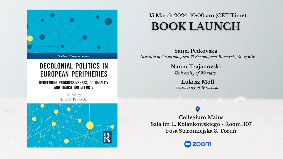 We would like to invite everyone to a meeting with researchers from our POSTCOMER lab, who will talk about the newly released book by dr Sanja Petkovska, 'Decolonial Politics in European Peripheries'! More info here postcomer.umk.pl/?task=news&act… Hope to see you tomorrow!