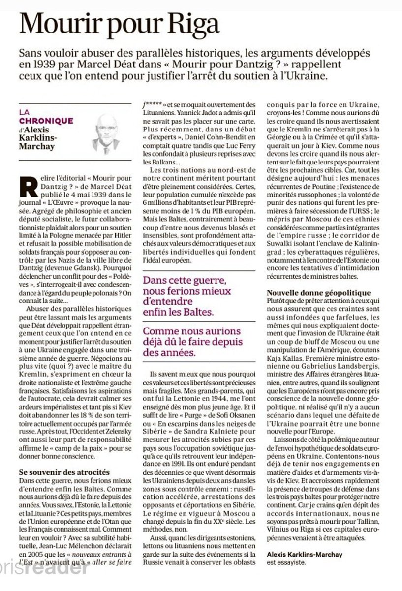 Delphine Lancel 🎗️ (@dlancel) on Twitter photo «Dans cette guerre, ns ferions mieux d'entendre enfin les Baltes.
Comme ns aurions déjà dû le faire depuis des années.»
«Ils savent mieux que nous pourquoi ces valeurs et ces libertés sont précieuses mais fragiles.»
Mourir pour Riga, un texte essentiel
Par 👇
<a href="/alexiskarklins/">Alexis Karklins-Marchay</a> «Dans cette guerre, ns ferions mieux d'entendre enfin les Baltes.
Comme ns aurions déjà dû le faire depuis des années.»
«Ils savent mieux que nous pourquoi ces valeurs et ces libertés sont précieuses mais fragiles.»
Mourir pour Riga, un texte essentiel
Par 👇
<a href="/alexiskarklins/">Alexis Karklins-Marchay</a>