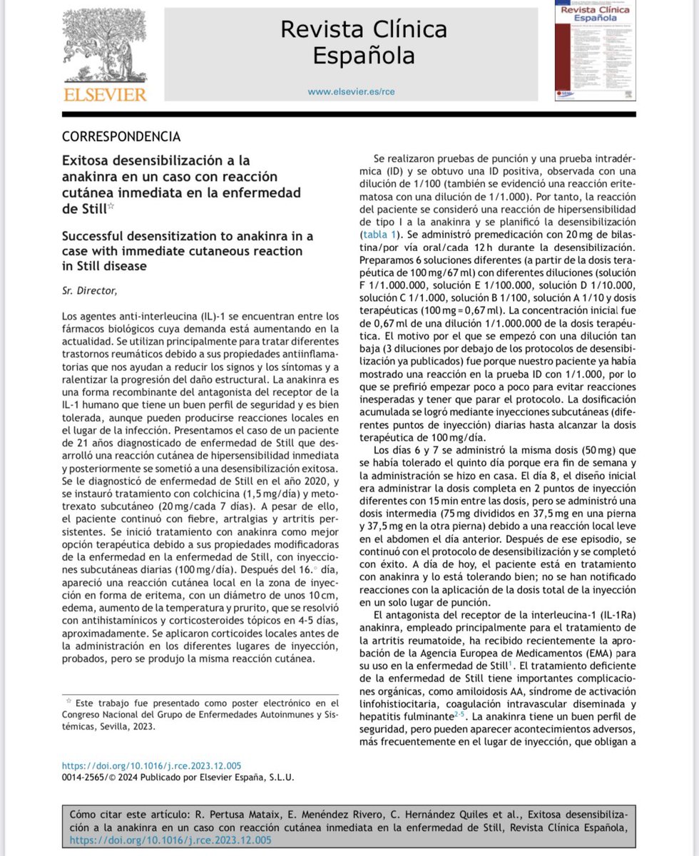 Nueva publicación, un caso exitoso de desensibilización a Anakinra en la Enfermedad de Still.

authors.elsevier.com/a/1ilV43FTR37pK

<a href="/UCAMIraras/">Salva García Morillo PhD. MD.</a> <a href="/Sociedad_SEMI/">Sociedad Española de Medicina Interna (SEMI)</a> <a href="/GEAS_SEMI/">GEAS SEMI</a>  <a href="/RCE_SEMI/">Revista Clínica Española (RCE)</a>