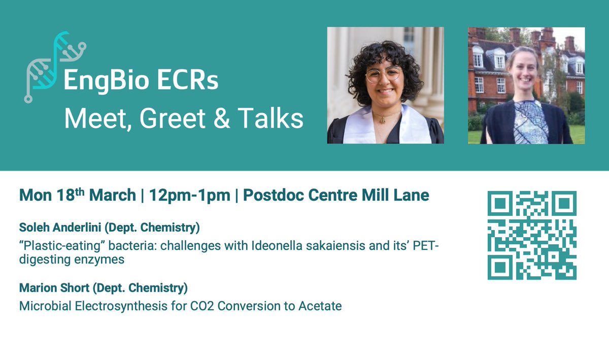 Join us next Monday 18th Mar at our ECR Engbio Talks with Soleh and Marion on the use 'plastic-eating' bacteria and microbial electronsynthesis for CO2 conversion @ReisnerLab @ChemCambridge meetup.com/cambridge-synt…