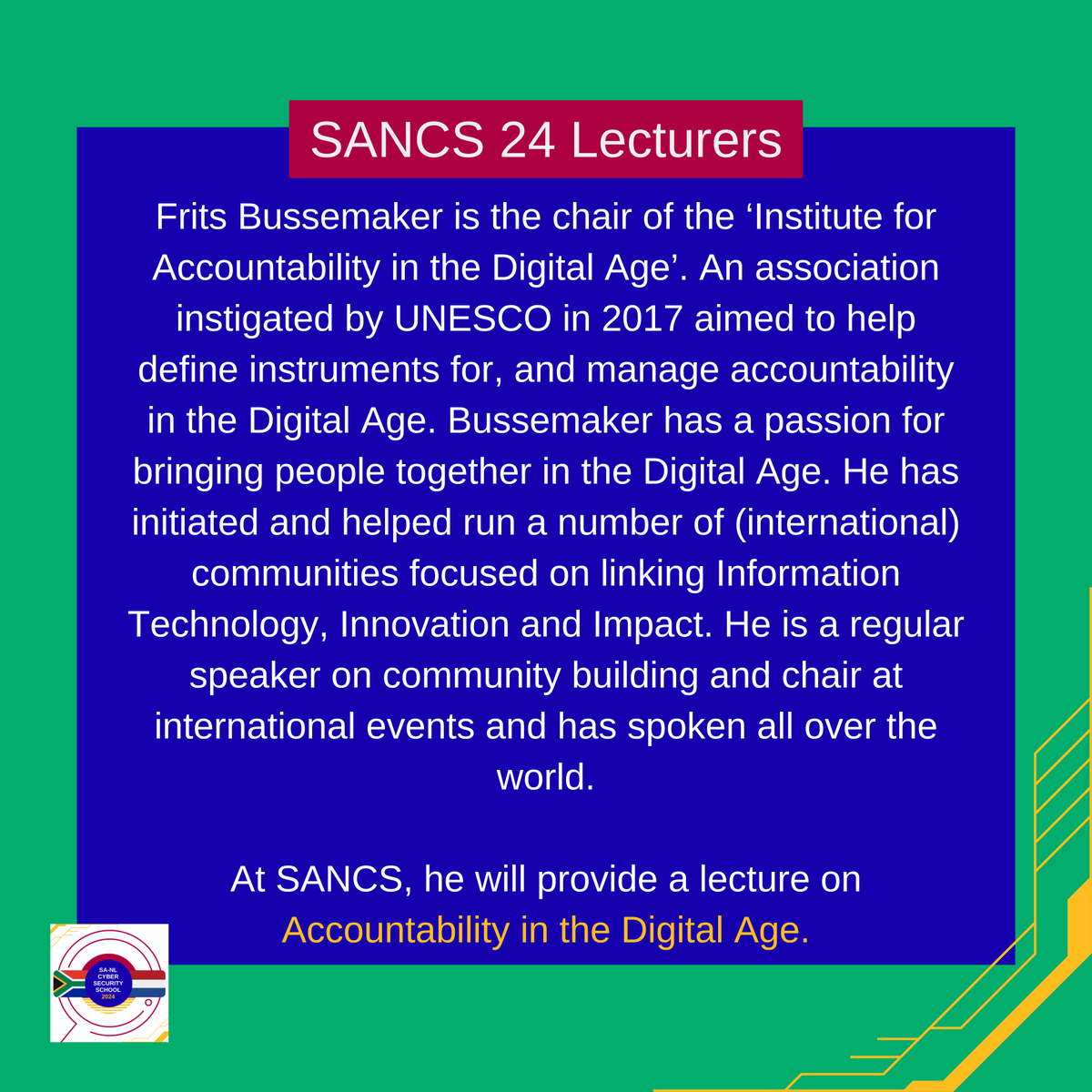 'Accountability in the Digital Age' lecture by Frits Bussemaker happening today on Microsoft Teams from 13:30 - 14:30 CET / 14:30 - 15:30 SAST! 

See you there!