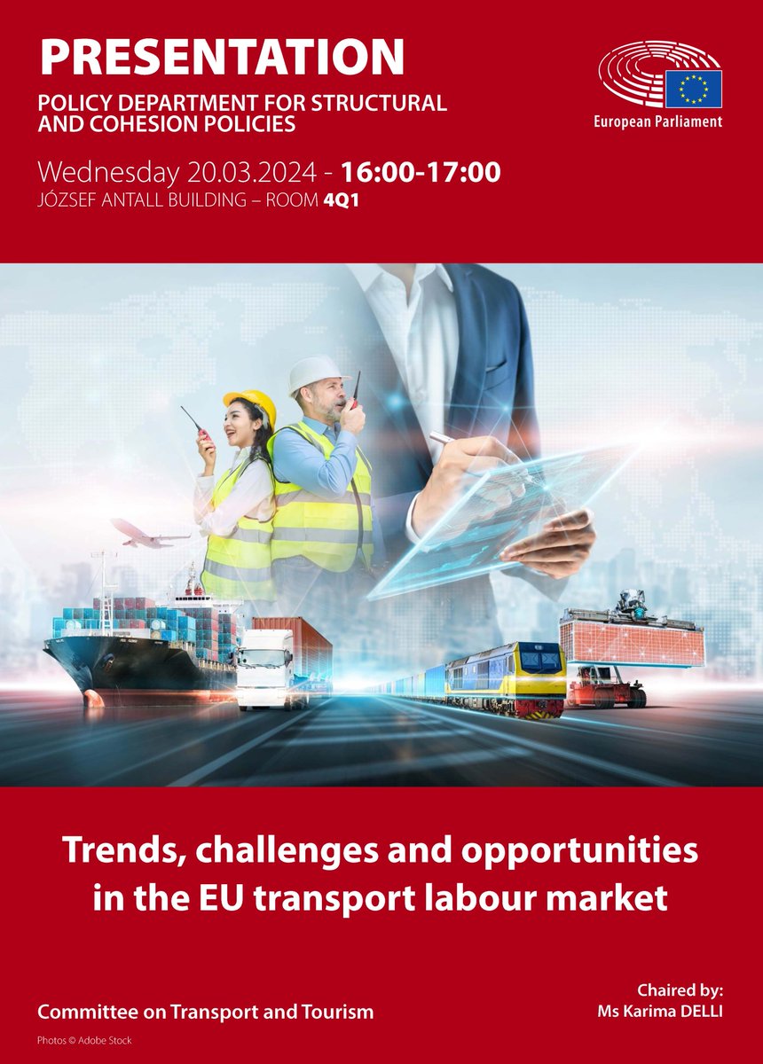 📢 It’s tomorrow! Our #StudyPresentation on Trends, challenges and opportunities in the EU transport labour market will start at 16:00pm. If you can’t attend in person follow it online or come back later to watch the video recording: multimedia.europarl.europa.eu/en/webstreamin… @EP_Transport