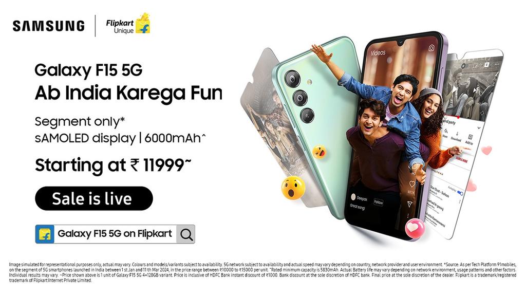Power through your day and karo aur bhi jada fun with the #SamsungGalaxyF15 5G's segment-leading 6000mAh battery. Starting at ₹11999! Discover more on <a href="/Flipkart/">Flipkart</a> : smsng.co/SamsungGalaxyF… 
<a href="/SamsungIndia/">Samsung India</a>