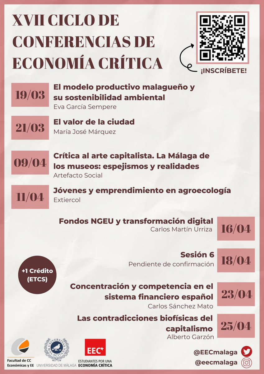 Comienza el XVII Ciclo de Conferencias de Economía Crítica ‼️

Esta actividad trata de ofrecer un complemento formativo en diversas temáticas no impartidas en nuestros planes de estudios y que sin determinante para comprender los desafíos de nuestro tiempo.