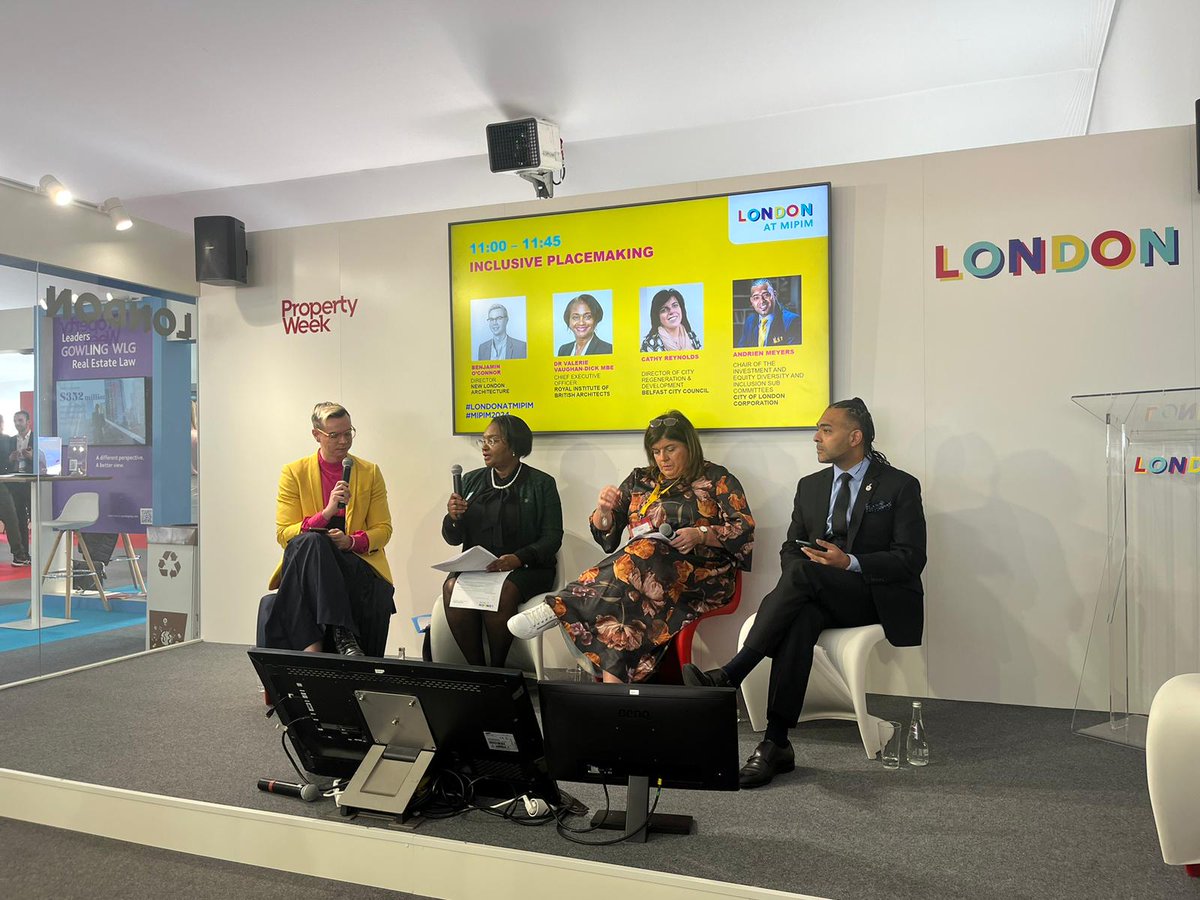 nlalondon's tweet image. This morning at #MIPIM, @benjamin_nla chairs a panel on Inclusive Placemaking, with Dr Valerie Vaughan-Dick MBE of @RIBA, Cathy Reynolds of @belfastcc and Andrien Meyers of @cityoflondon joining him. A busy day of talks on the London Stand @LondonatMIPIM #LondonatMIPIM