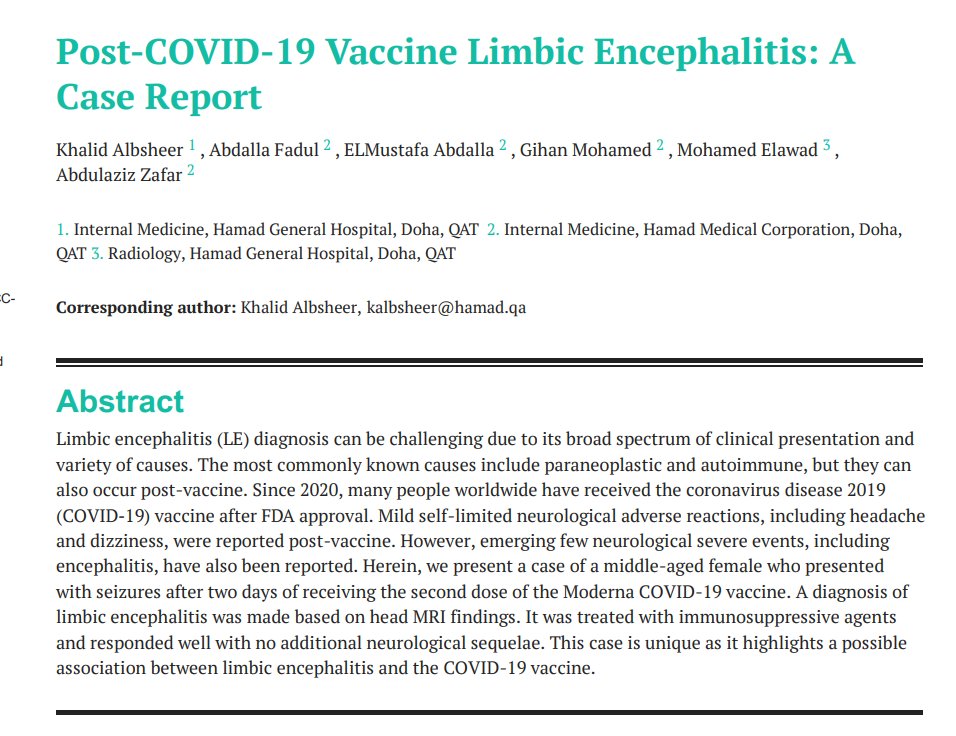 mRNAdeaths's tweet image. Previously healthy 35 year old female with seizures two days after 2nd  #Moderna #mRNAvaccine. 
A diagnosis of limbic encephalitis was made based on head MRI findings.
semanticscholar.org/paper/Post-COV…