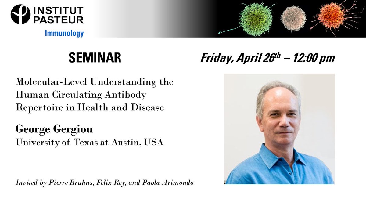 ImmunoPasteur (@immunopasteur) on Twitter photo 📅Next <a href="/ImmunoPasteur/">ImmunoPasteur</a> seminar with <a href="/DBSC_IP/">Structural Biology-Chemistry at Institut Pasteur</a> and @PasteurVirology this Friday
George Georgiou from <a href="/UTAustin/">UT Austin</a>
Molecular-Level Understanding the Human Circulating Antibody Repertoire in Health and Disease
Invited by Pierre Bruhns, Felix Rey and Paola Arimondo 📅Next <a href="/ImmunoPasteur/">ImmunoPasteur</a> seminar with <a href="/DBSC_IP/">Structural Biology-Chemistry at Institut Pasteur</a> and @PasteurVirology this Friday
George Georgiou from <a href="/UTAustin/">UT Austin</a>
Molecular-Level Understanding the Human Circulating Antibody Repertoire in Health and Disease
Invited by Pierre Bruhns, Felix Rey and Paola Arimondo