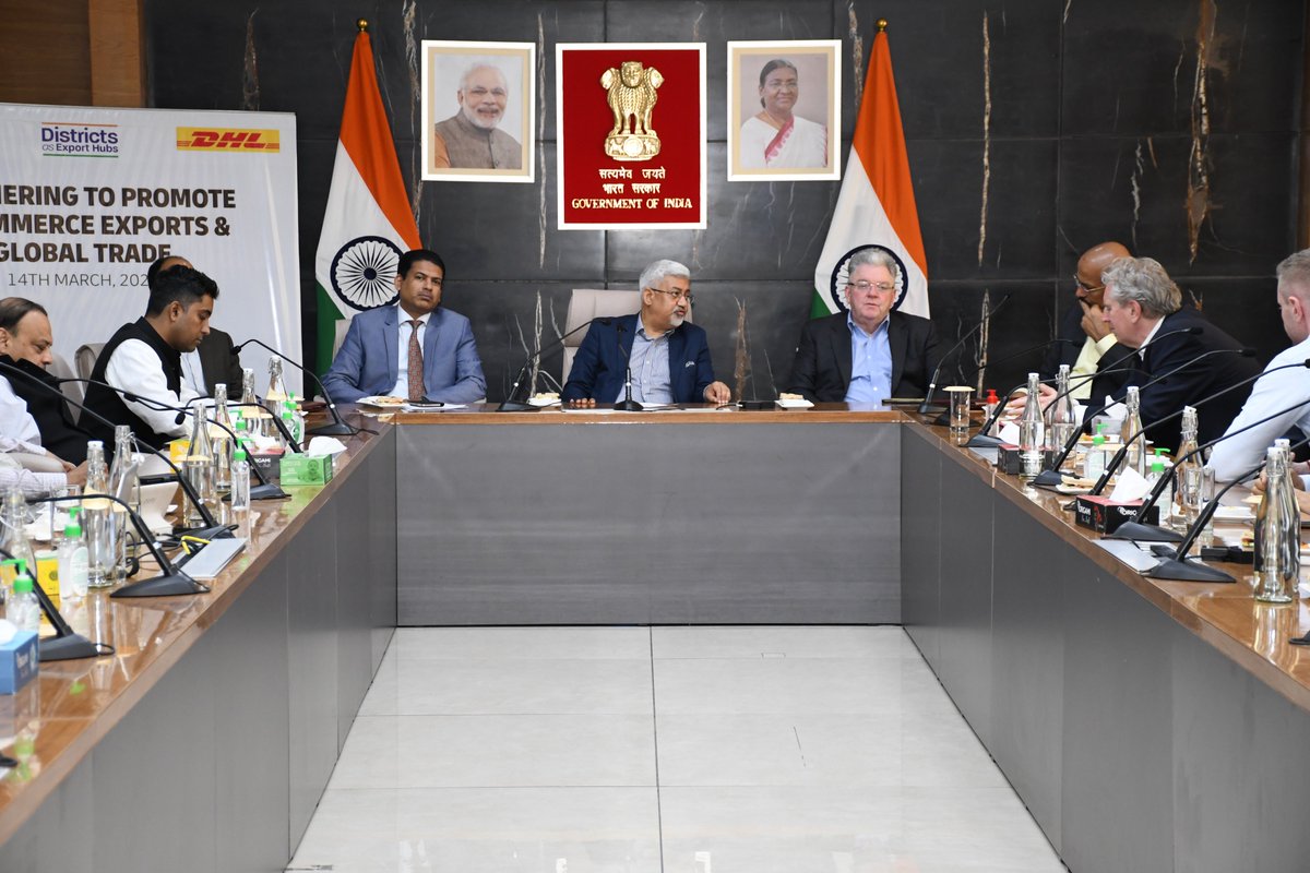 Today DGFT signed an MOU with DHL, leveraging DEH initiative to boost e-commerce #exports across 76 districts. It was signed in the presence of Sh. Barthwal Commerce Secretary, Sh. Sarangi, DGFT and Sh. John Pearson, Global CEO DHL Express & other senior officials from DGFT & DHL