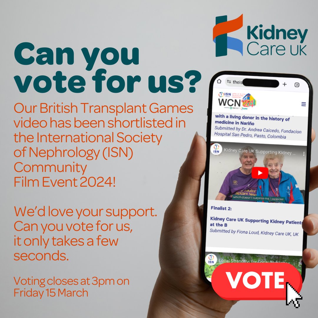 ❗ It's #WorldKidneyDay and we need your help! Our film about @WHBTG #BritishTransplantGames has been shortlisted in <a href="/ISNkidneycare/">Int Society of Nephrology</a> Community Film Event 2024! Voting is easy, click here: theisn.org/wcn/isn-commun…

💛 Please retweet to spread the word! Voting closes 3pm 15/03/24