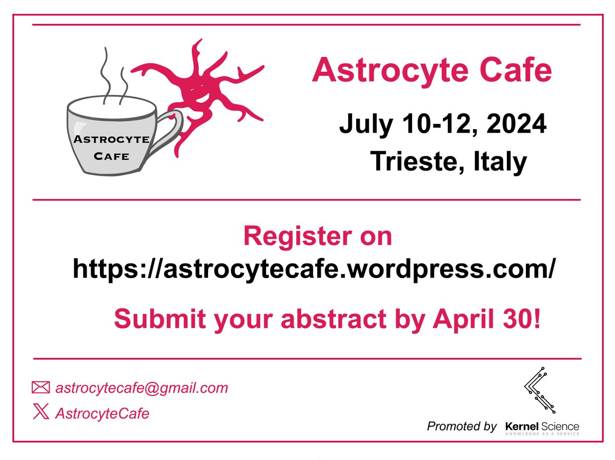 Registrations are open for our first in-person Astrocyte Cafe, join us in the beautiful Trieste!!🤩 You can find all the info and register here👇👇👇 astrocytecafe.wordpress.com Submit your abstract by April 30th, we can't wait to hear your astrocyte research..finally in person!