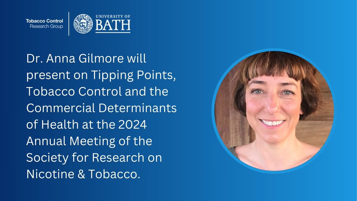 Anna Gilmore will present a plenary lecture at next week's Annual Meeting  of the Society for Research on Nicotine & Tobacco #SRNT2024. @SRNT_Europe  Anna's session will explore 'Tipping Points, Tobacco Control and