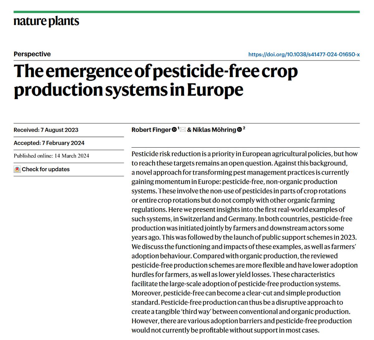 Robert Finger (@robertfinger1) on Twitter photo ‘The emergence of pesticide-free crop production systems in Europe’
New paper in <a href="/NaturePlants/">Nature Plants</a>, with Niklas Möhring.
Pesticide-free, non-organic production systems are gaining momentum. We present insights into the first real-world examples
nature.com/articles/s4147… ‘The emergence of pesticide-free crop production systems in Europe’
New paper in <a href="/NaturePlants/">Nature Plants</a>, with Niklas Möhring.
Pesticide-free, non-organic production systems are gaining momentum. We present insights into the first real-world examples
nature.com/articles/s4147…