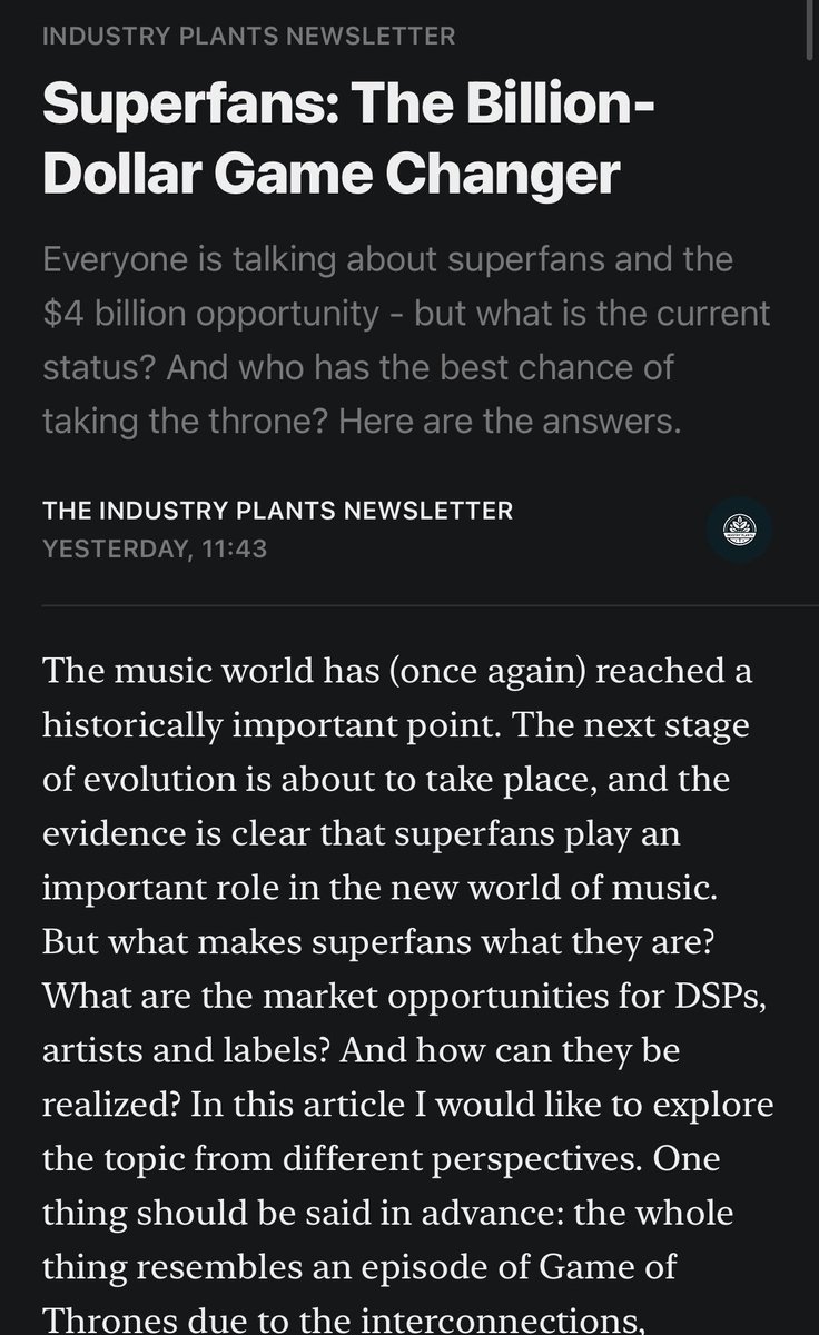 GM, The music industry is trying to monetize superfans in 2024 - I have written an article that shows the opportunities for  artists, majors, DSPs and distributors. Enjoy! 🤓

open.substack.com/pub/philsnl/p/…