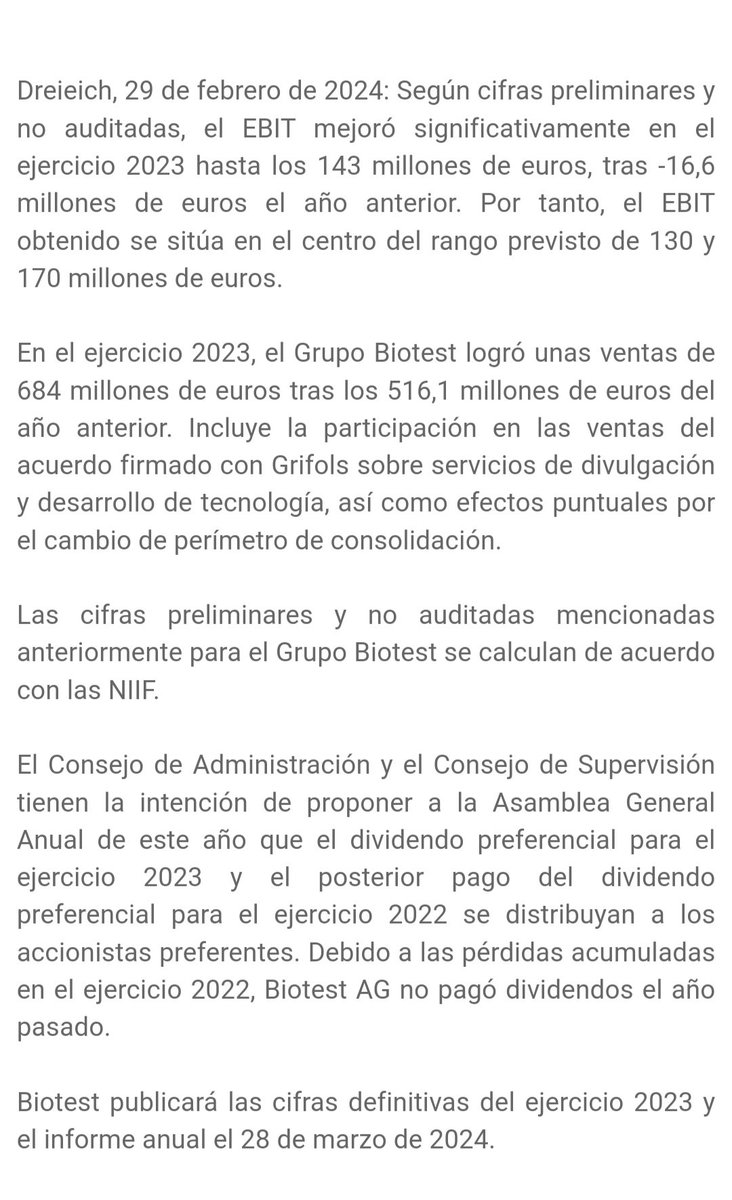 pharma_jonpi's tweet photo. #GRIFOLS . #Biotest Publicará las Cifras Definitivas del Ejercicio 2023 el 28-3-2024 . En el 2023 las Ventas Alcanzadas Fueron de 684 Mill de eu Tras los 516,1 Mill de eu del 2023 . El EBIT Mejoró en el Ejercicio 2023 Hasta los 143 mil de eu, tras -16,6 Mill de eu del 2023.
#ibex https://t.co/u29TXBFolu