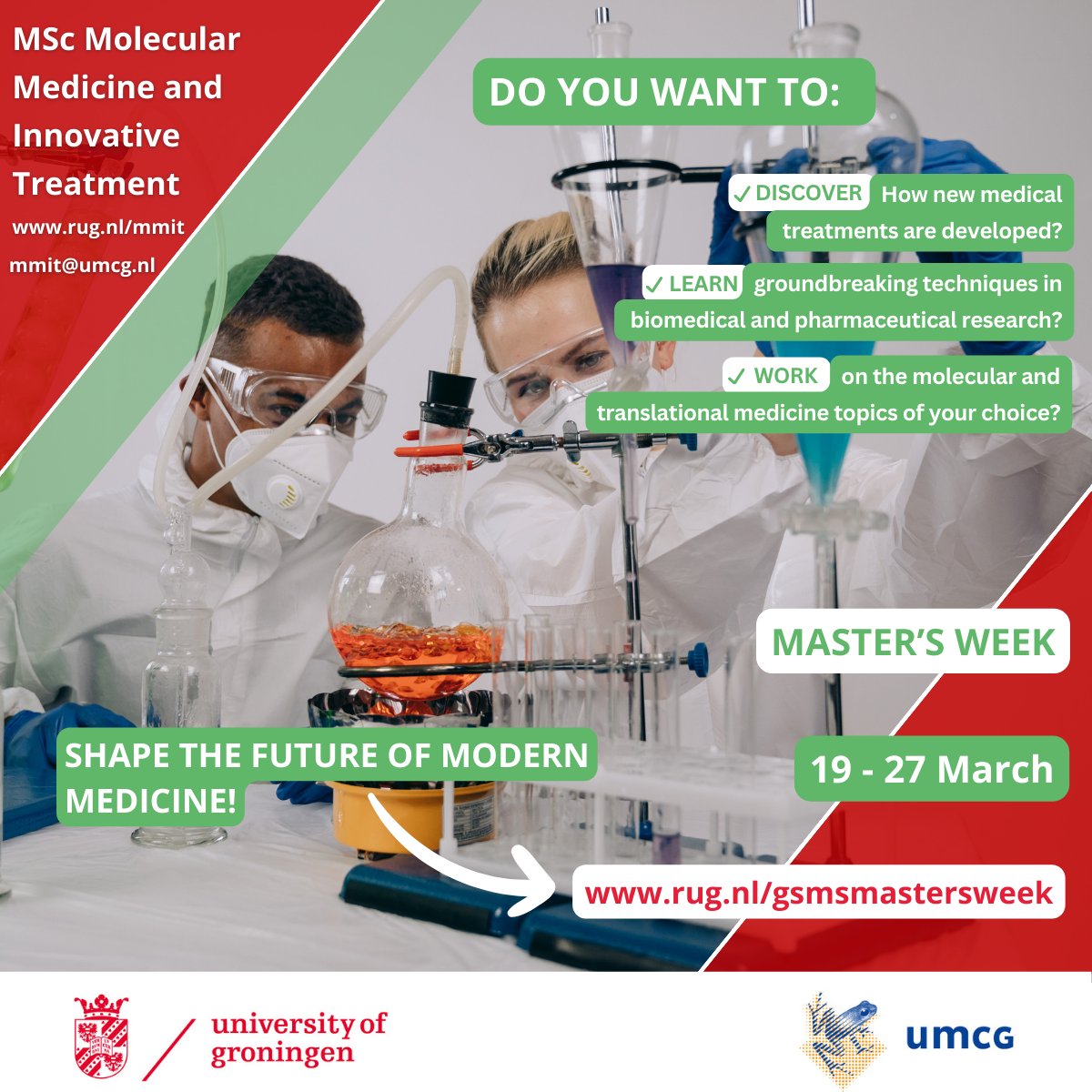 Looking for a Master’s degree?
 
Interested in developing innovative medical treatments? Learning groundbreaking techniques in biomedical and pharmaceutical research? Finding ways to prevent, treat and manage diseases?
 
Join our teachers, students and alumni for Master's Week!