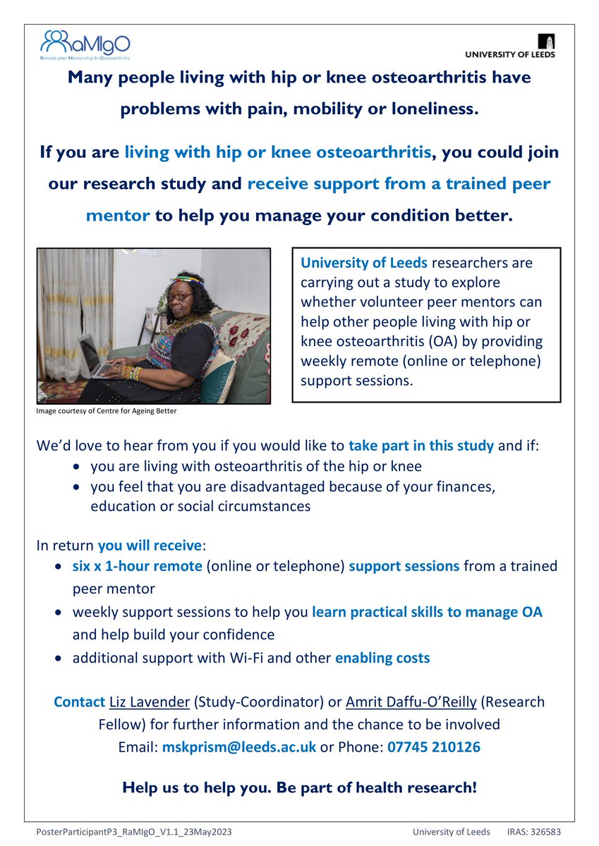 Living with hip or knee osteoarthritis? Join our study and get weekly support from a peer mentor to build skills and confidence. Interested? Contact mskprism@leeds.ac.uk / 07745 210 126. 
#osteoarthritis #kneeosteoarthritis #hiposteoarthritis
