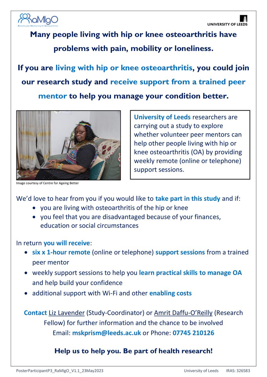 Living with hip or knee osteoarthritis? Join our study and get weekly support from a peer mentor to build skills and confidence. Interested? Contact mskprism@leeds.ac.uk / 07745 210 126. #osteoarthritis #kneeosteoarthritis #hiposteoarthritis