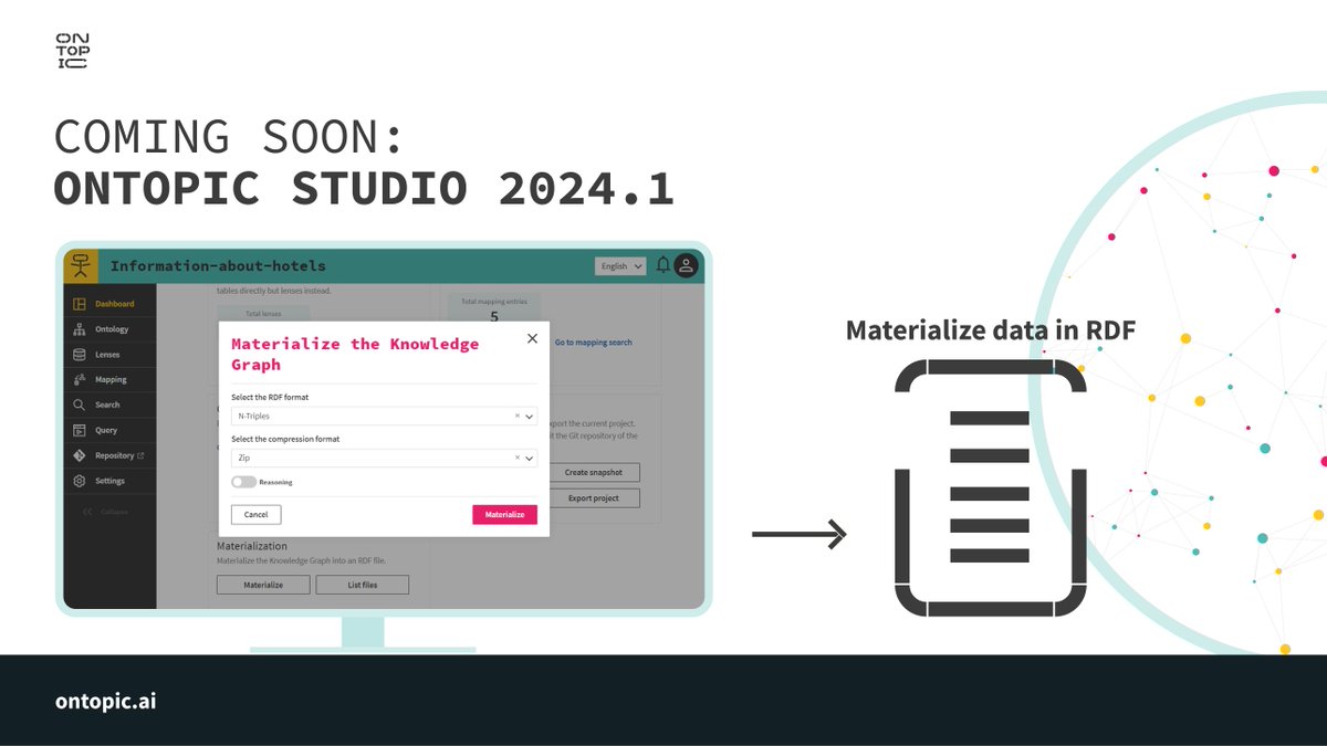 ontopicvkg's tweet image. Ontopic Studio 2024.1 is coming soon!
As frequently requested by our users, we integrated into Ontopic Studio the ability to materialize relational data to #RDF.
Stay tuned for more updates on new features of the upcoming release.
#KnowledgeGraphs #graphdatabase