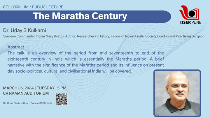 IISERPune's tweet photo. Mark your calendars for the next #publiclecture in the #InstituteColloquium series! Dr. Uday S. Kulkarni will be speaking on the Maratha Century on Tuesday, March 26, 2024, 5 pm, at CV Raman Auditorium on #IISERPune campus.  Talk is open to all!!
https://t.co/QjcEidjtMj https://t.co/g5trIbNpfw
