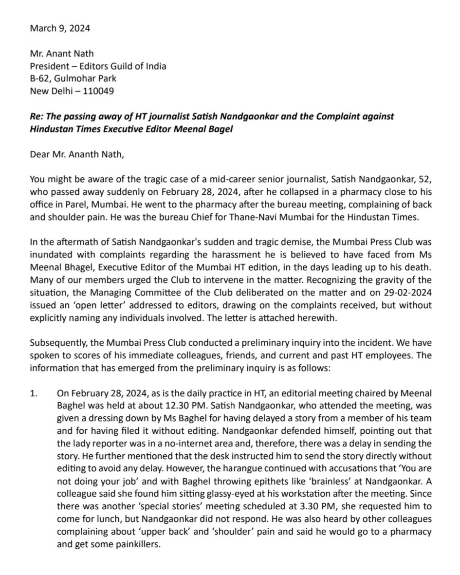 smitadeshmukh's tweet photo. Extraordinary letter written by Mumbai Press Club to the @IndEditorsGuild
on the prolonged abusive behaviour of @HTMumbai Editor Meenal Baghel, that recently caused the death of a wonderful, hard working journo Satish Nandgaonkar. Baghel’s toxicity is well-known in Mumbai media circles, an Omerta – everyone knew but refused to speak up. 
Incidentally, she is ex editor from Times Group, editing Mumbai Mirror and known for her insults and abuse. HR of Times ignored it and HR of HT is doing the same. ToI once had a woman chairman and HT is headed by Shobhana Bhartiya. Why should India’s biggest media houses allow a toxic editor to continue despite knowing the truth? 
Heard Baghel has gone to the extent of threatening the Mumbai Press Club for this statement. Unbelievable. Never seen anything like this in my entire media career.