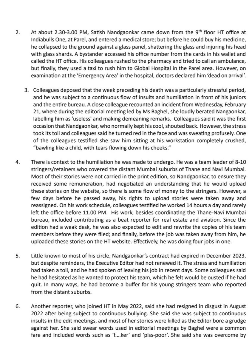 smitadeshmukh's tweet photo. Extraordinary letter written by Mumbai Press Club to the @IndEditorsGuild
on the prolonged abusive behaviour of @HTMumbai Editor Meenal Baghel, that recently caused the death of a wonderful, hard working journo Satish Nandgaonkar. Baghel’s toxicity is well-known in Mumbai media circles, an Omerta – everyone knew but refused to speak up. 
Incidentally, she is ex editor from Times Group, editing Mumbai Mirror and known for her insults and abuse. HR of Times ignored it and HR of HT is doing the same. ToI once had a woman chairman and HT is headed by Shobhana Bhartiya. Why should India’s biggest media houses allow a toxic editor to continue despite knowing the truth? 
Heard Baghel has gone to the extent of threatening the Mumbai Press Club for this statement. Unbelievable. Never seen anything like this in my entire media career.