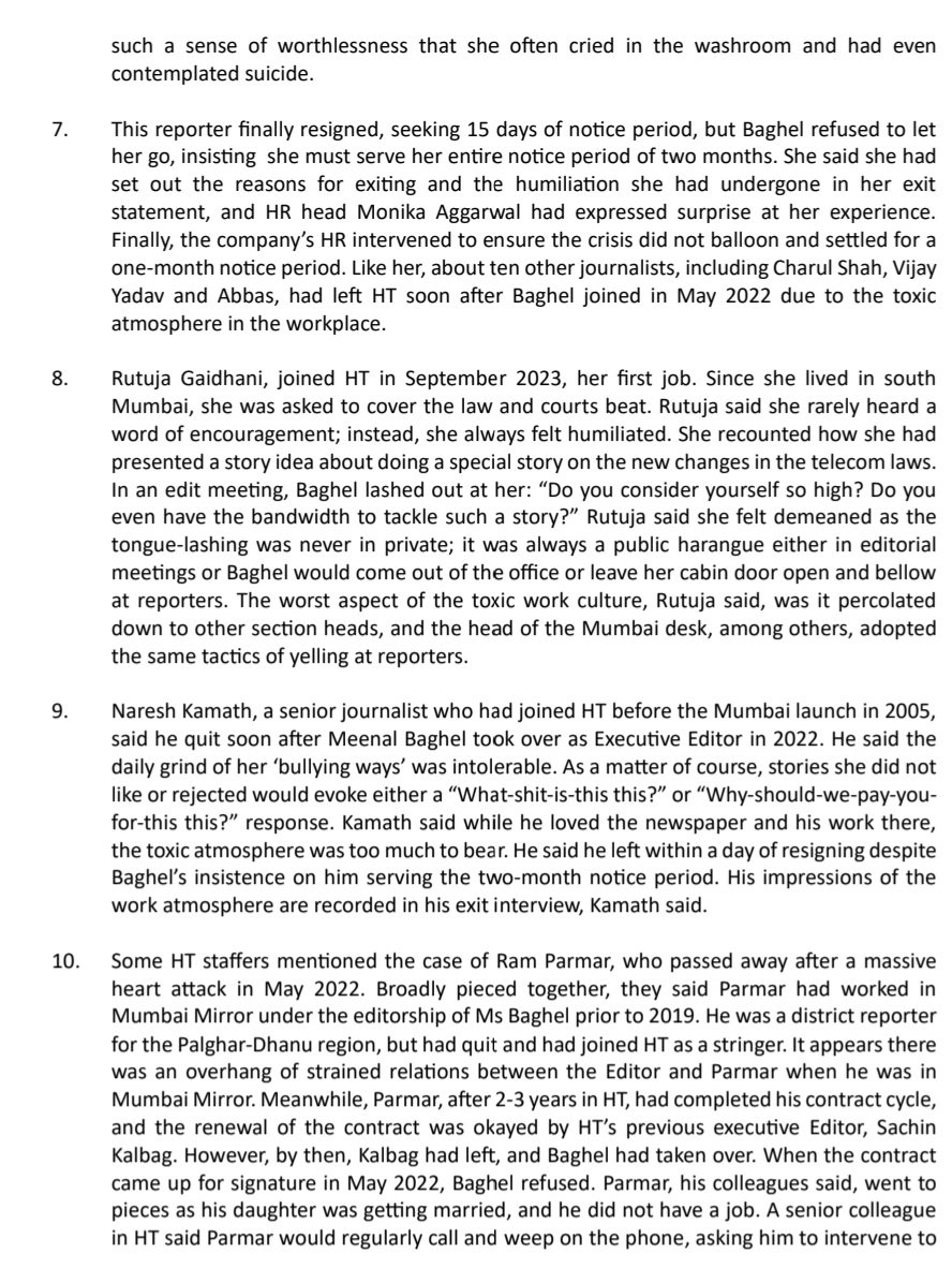 smitadeshmukh's tweet photo. Extraordinary letter written by Mumbai Press Club to the @IndEditorsGuild
on the prolonged abusive behaviour of @HTMumbai Editor Meenal Baghel, that recently caused the death of a wonderful, hard working journo Satish Nandgaonkar. Baghel’s toxicity is well-known in Mumbai media circles, an Omerta – everyone knew but refused to speak up. 
Incidentally, she is ex editor from Times Group, editing Mumbai Mirror and known for her insults and abuse. HR of Times ignored it and HR of HT is doing the same. ToI once had a woman chairman and HT is headed by Shobhana Bhartiya. Why should India’s biggest media houses allow a toxic editor to continue despite knowing the truth? 
Heard Baghel has gone to the extent of threatening the Mumbai Press Club for this statement. Unbelievable. Never seen anything like this in my entire media career.