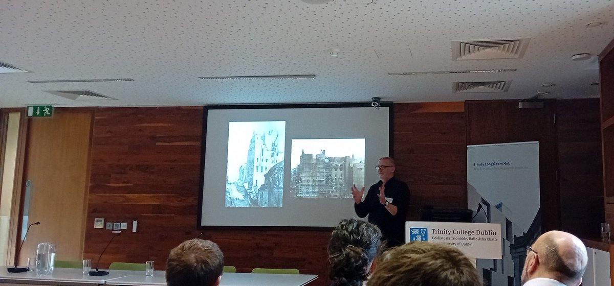 The 13th All-Ireland Architecture Research Group (AIARG) held for the first time in Trinity College @TCDHistArtArch. Prof Paul Clarke @QUBarch showing the beautiful symbolism of Mackintosh's Glasgow School of Art and what can be learned for its restoration from his notebooks
