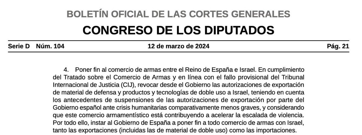 BREAKING NEWS The Spanish Parliament has just approved a resolution to impose an Arms Embargo to Israel. The resolution, promoted by CSO and social movements, demands to the government to STOP all export and import of weapons with Israel.