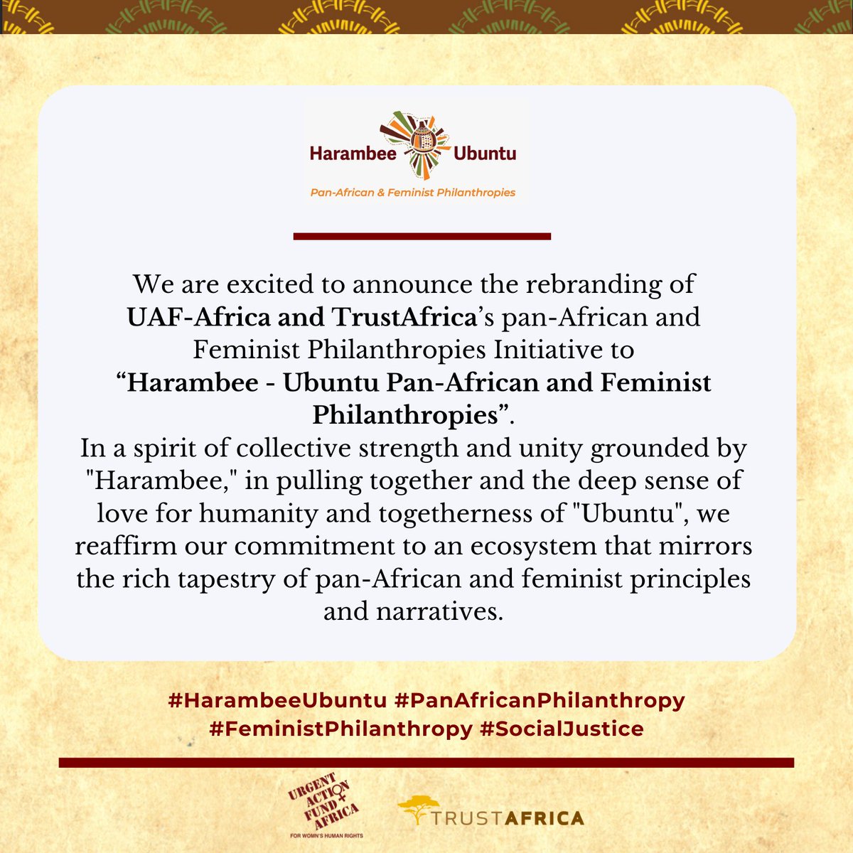 📢 𝐈𝐧𝐜𝐫𝐞𝐝𝐢𝐛𝐥𝐞 𝐮𝐩𝐝𝐚𝐭𝐞!! Introducing Harambee-Ubuntu: Focused on connecting and empowering social movements, activists, and communities through transformative partnerships and constituency-building. Together, we drive justice and equity. @TrustAfrica & @UAFAfrica