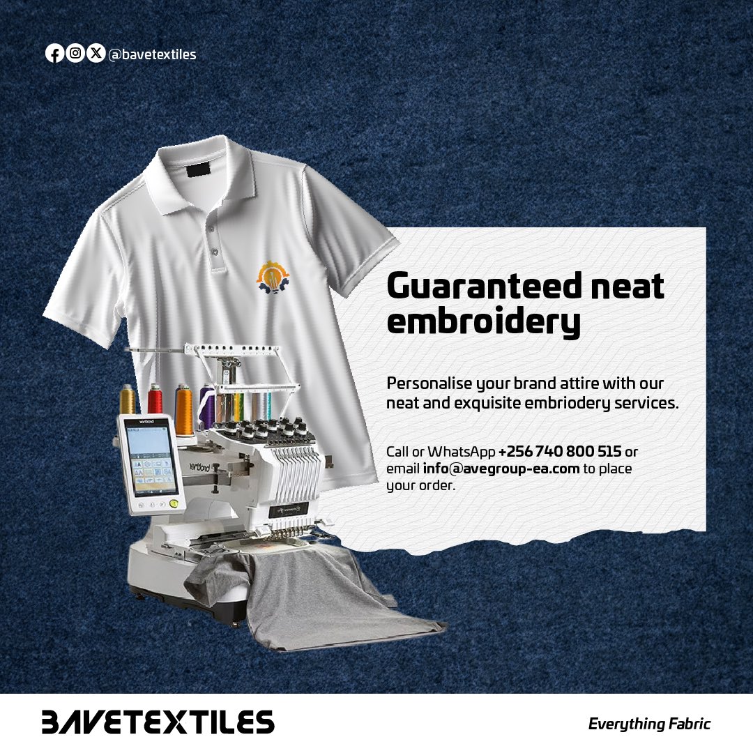 bavetextiles's tweet image. From logos to intricate designs, we ensure every stitch tells your brand story. Try us for neat good quality embroidery for your logos.
Call or WhatsApp +256 740 800 515 or Email info@bavegroup-ea.com #embriodery #bavetextiles