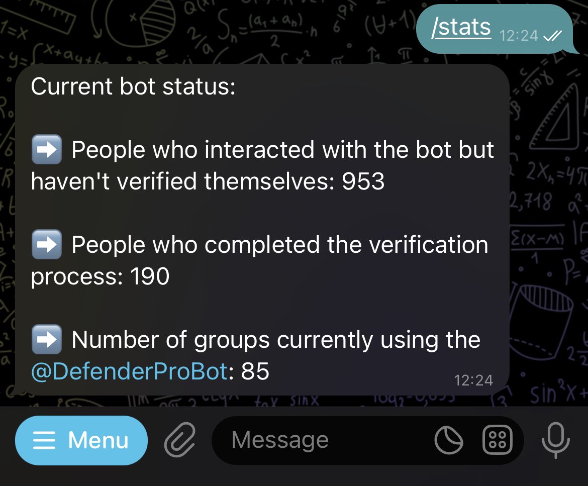 defendereth's tweet photo. We appreciate your interest in our bot. As many have inquired about the current number of users, we've introduced the /stats command, allowing you to conveniently check the bot's status yourself.

Thank you for using Defender Bot: https://t.co/GZGx2uXU0L

$DFNDR https://t.co/gfrsUeZ45X