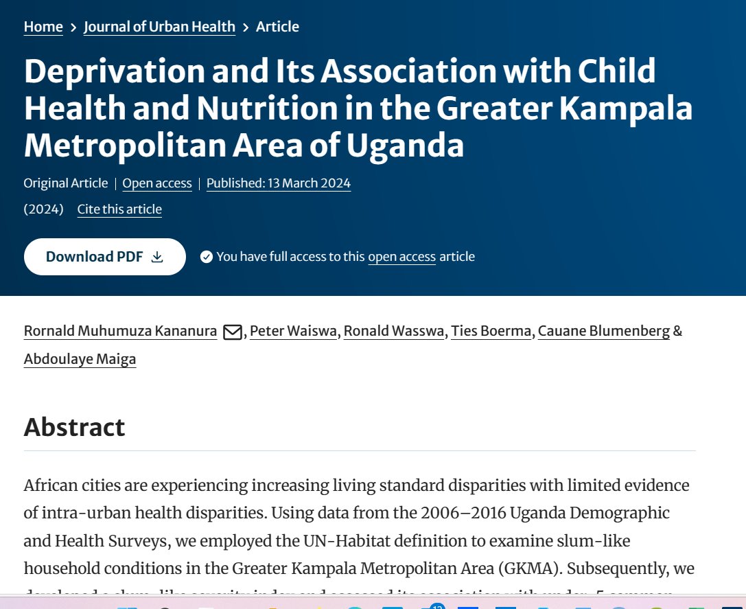 In this article link.springer.com/article/10.100… , we developed a slum-like severity index and assessed its association with under-5 common morbidities and healthcare access in Kampala Metropolitan Area. @Countdown2030 , @aphrc and @MNCH_Centre collaboration