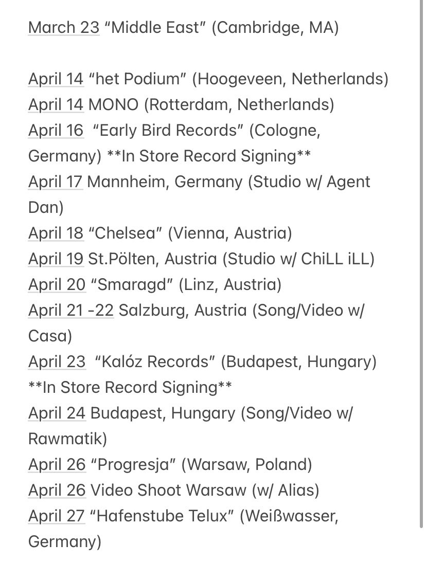 MDotBoston's tweet photo. Heavy lineup of shows and music schedule.  We going around the world again in April. First show kicks off in Mass March 23rd. https://t.co/yaudDu1b8y