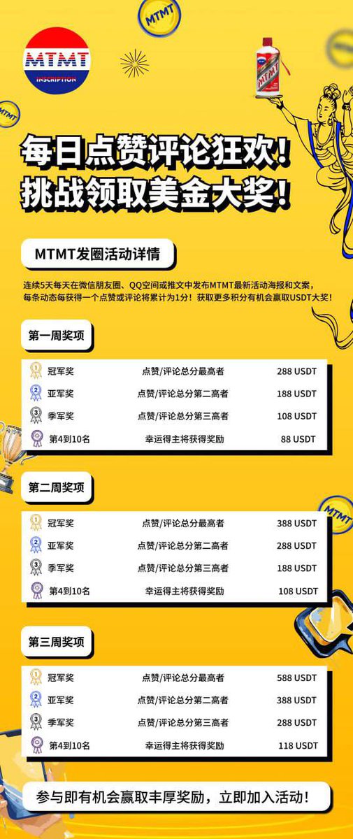 ⚡️【MTMT 发圈活动】2月26日强势开启！单人奖金超万元！💵

🎲中奖概率高，0撸不卷！参与活动，点亮你的幸运之星！🎉

发布指定内容动态，赢取丰厚奖金！还等什么？加入我们的活动！🚀

活动时间：2月26日-3月17日
提示：活动为期三周，每周一轮，奖励每轮结束后审核发放。
每轮结束后填写表单上传