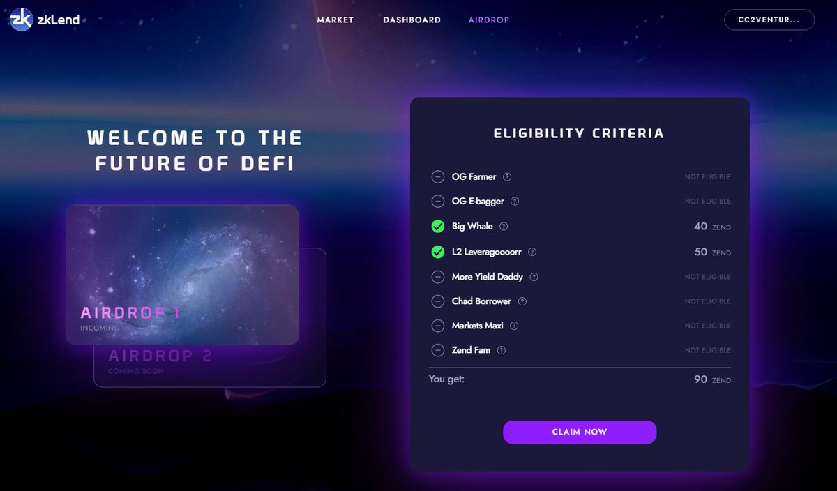 CC2Ventures's tweet photo. Remember Starknet?

@zkLend just had their TGE and the airdrop is now live

→ https://t.co/aTzctyGtVV

[Claiming doesn't work atm] 

Caveat:
You can only claim 25%, the rest is vested over 3 months

I qualified for a total of 1330 Tokens

Pleasantly surprised, as I barely had any funds on there. 

Yes, I used more than 1 wallet. Don't hate the player, hate the game. As long as teams don't implement linear airdrops, we simply have to play along

I went DEEP into @EkuboProtocol - 'The Uniswap of Starknet'; looking forward to their airdrop in Q2 or Q3 this year