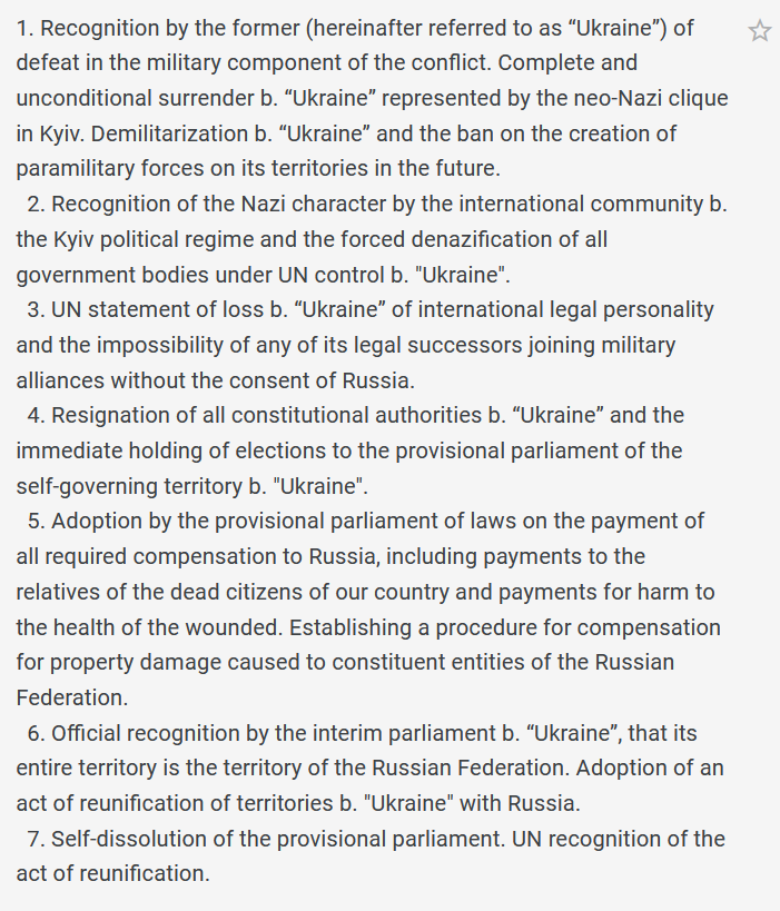 In #Russia, former PM and President and current Deputy Chairman of the Security Council Medevedev @MedvedevRussiaE published Russian demands to #Ukraine. See translation below: They can be summed up as liquidation of Ukrainian statehood and annexation of Ukraine by Russia. 1/2