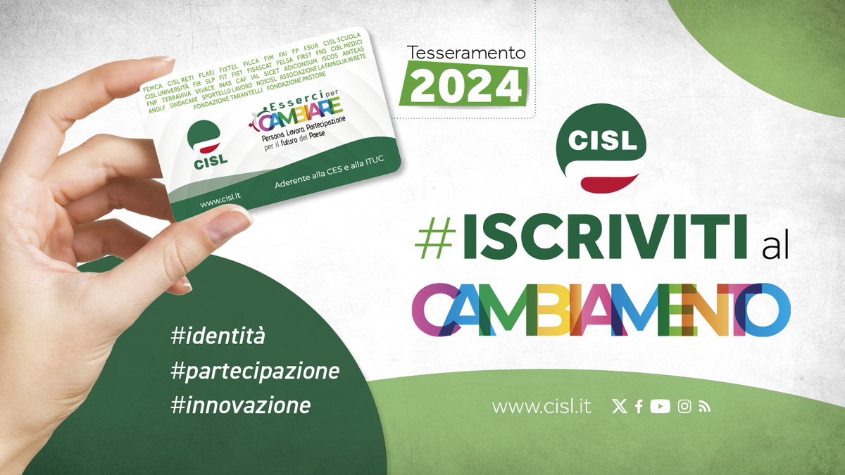 CislVdA's tweet photo. 📢 Cisl: al via la campagna Tesseramento 2024
Iscriviti al cambiamento: identità, partecipazione,
innovazione. Rafforzare il valore del lavoro, la centralità della persona, l’inclusione sociale.

#iscriviti #identità #partecipazione #innovazione #cisl
#tesseramento #cislvda https://t.co/Q4npfoQLZ5