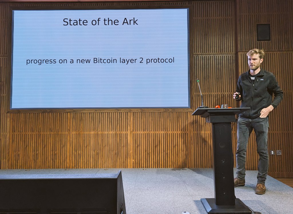 fulmolightning's tweet photo. @advbitcoin @leonjohnson First talk of the day: The state of Ark by @stevenroose3.

ARK is a second layer protocol on Bitcoin that's interoperable with the Lightning Network.

Presentation can be found here: https://t.co/PhmUNOZxH3 https://t.co/VTL4MKO8wG