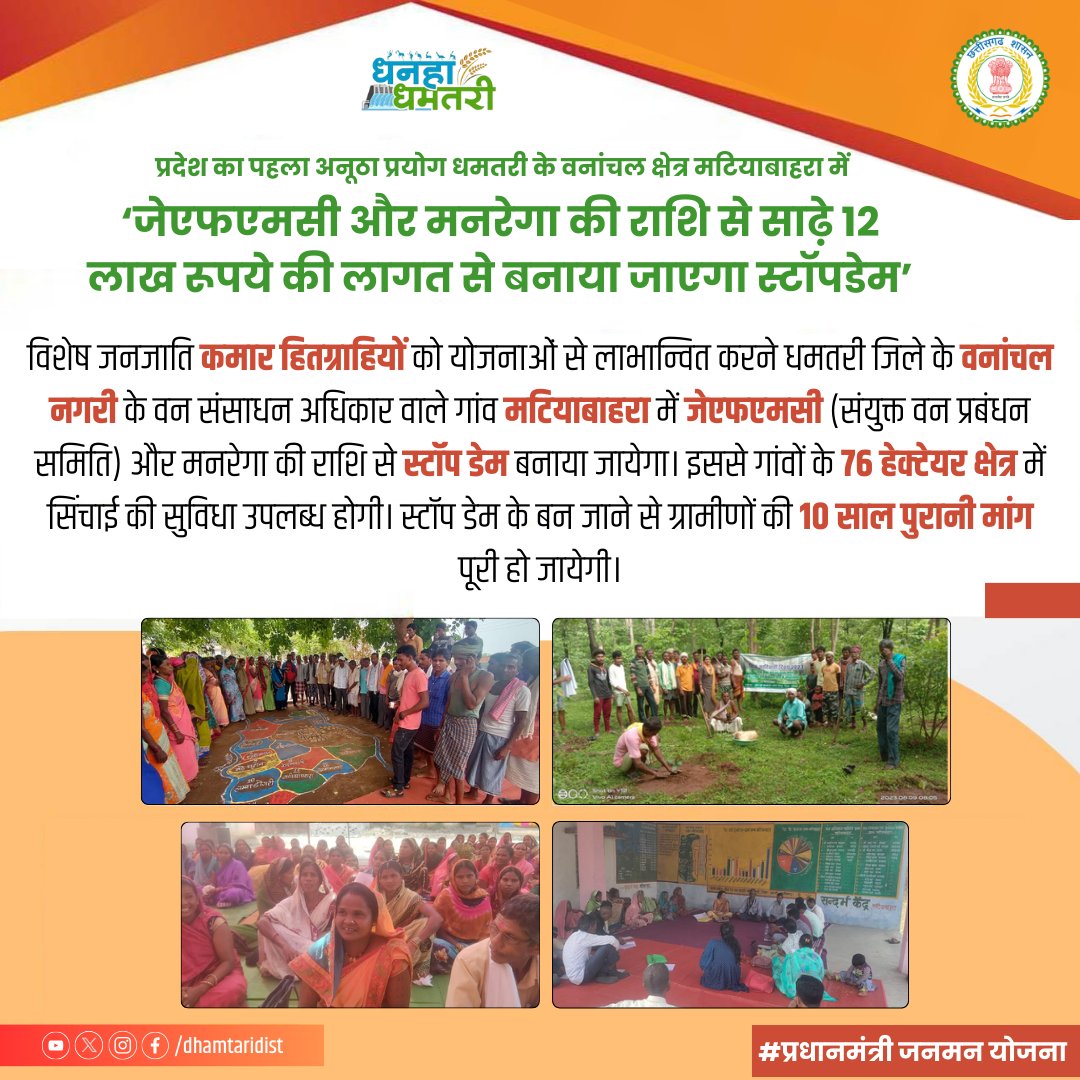 DhamtariDist's tweet photo. प्रधानमंत्री जनमन योजना के अंतर्गत धमतरी के वनांचल क्षेत्र मटियाबाहरा में साढ़े 12 लाख रुपये की लागत से बनाया जाएगा स्टॉपडेम
मटियाबाहरा और भैंसामुड़ा के ग्रामीणों की 10 साल पुरानी मांग होगी पूरी
76 हेक्टेयर क्षेत्र में सिंचाई की सुविधा उपलब्ध होगी।
#pmjanman
#stopdam
#dhamtari https://t.co/c45blcE8Y3